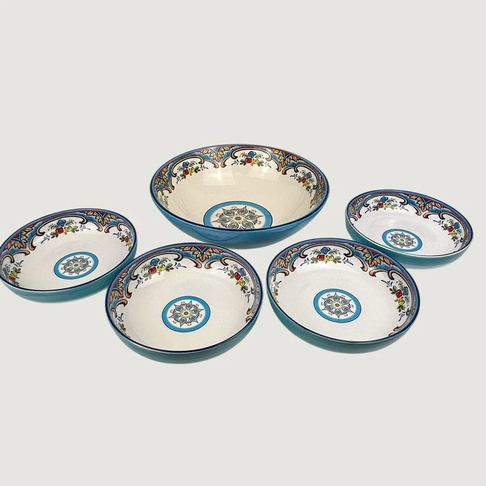 Euro Ceramica Zanzibar 5 Piece Pasta Bowl Set Blue Floral Spanish Design Ceramic